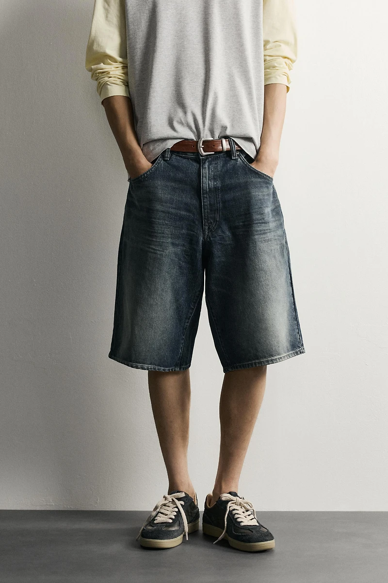 BAGGY FIT DENIM SHORTS WITH LEATHER POCKETS