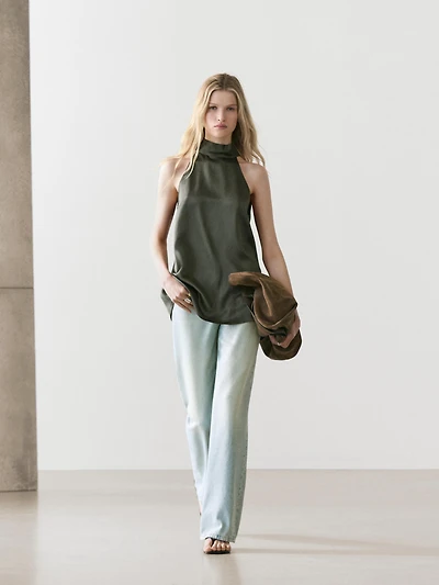 Satin halter top with tie detail