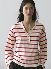 100% cotton striped knit henley sweater