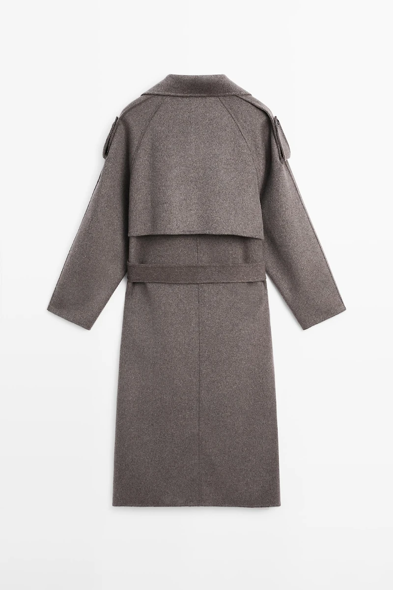 Long wool blend trench coat with belt