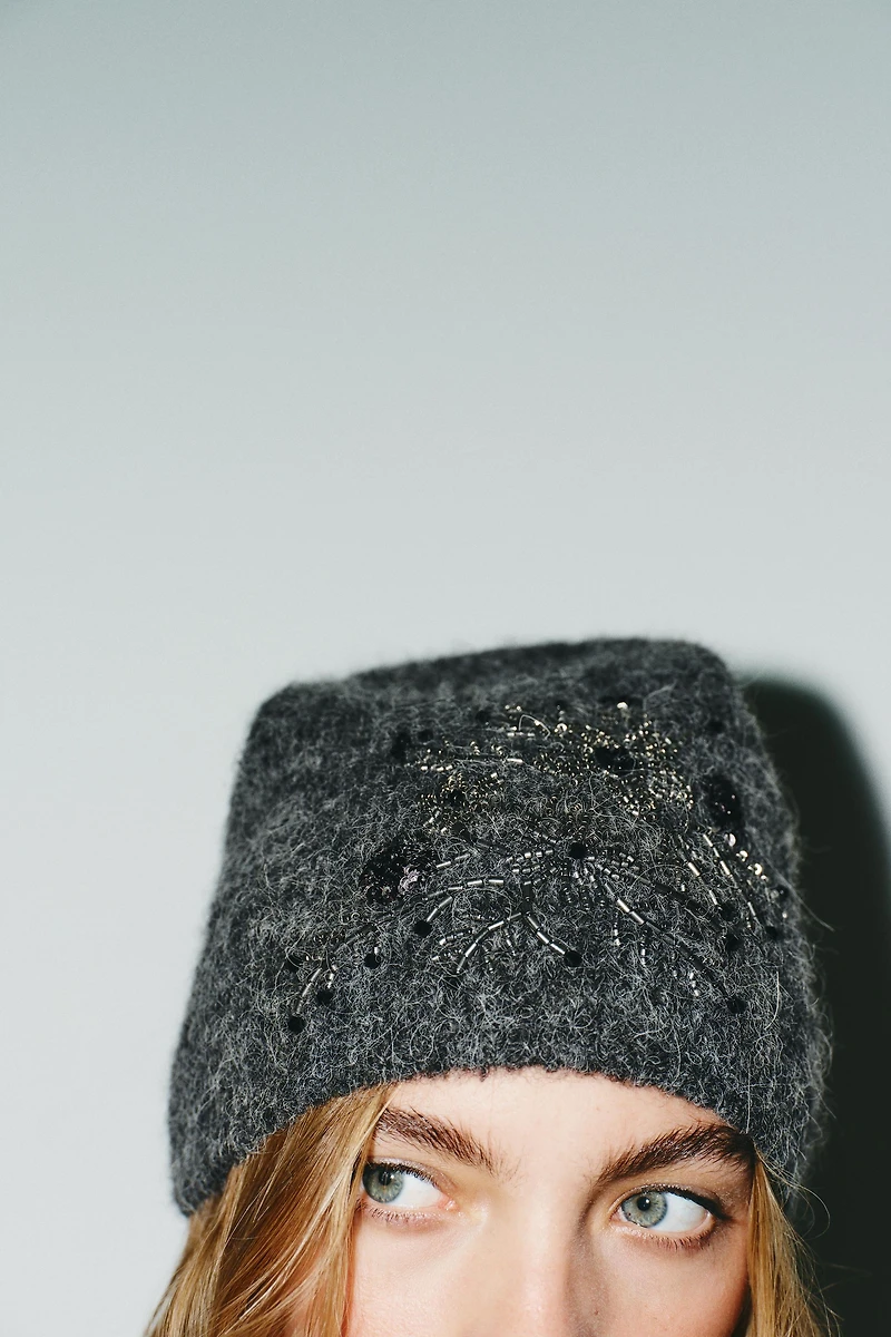 BEADED EMBROIDERED KNIT BEANIE