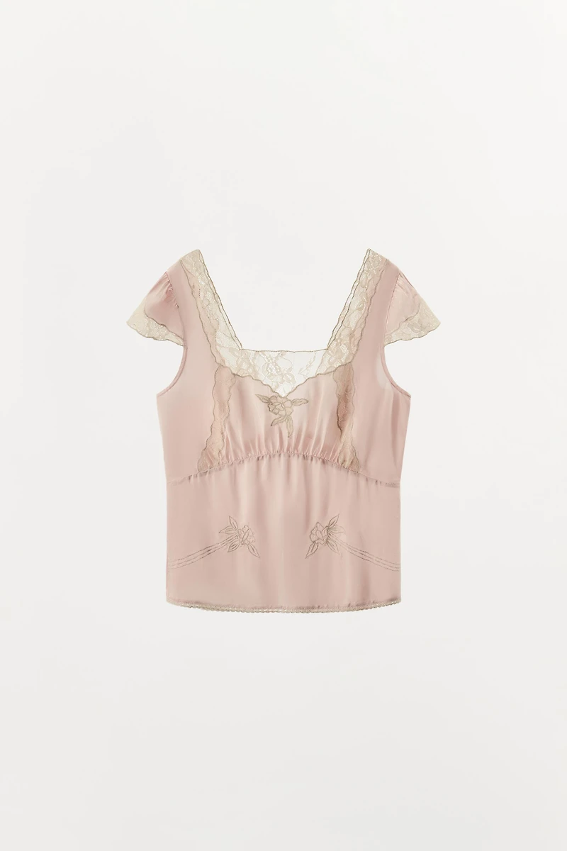 EMBROIDERED LACE SATIN EFFECT TOP