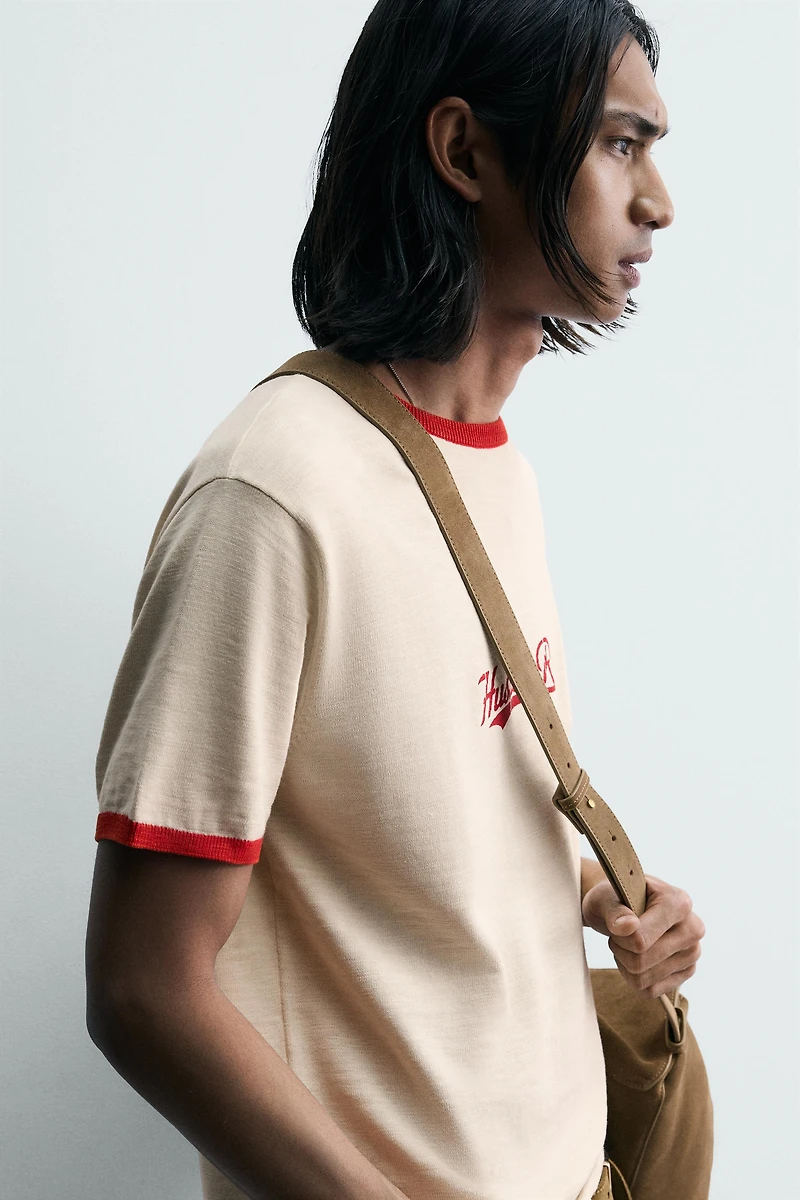 CONTRAST KNIT TEXT T-SHIRT