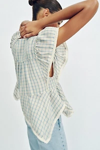 EMBROIDERED PLAID LACE INSERT TOP
