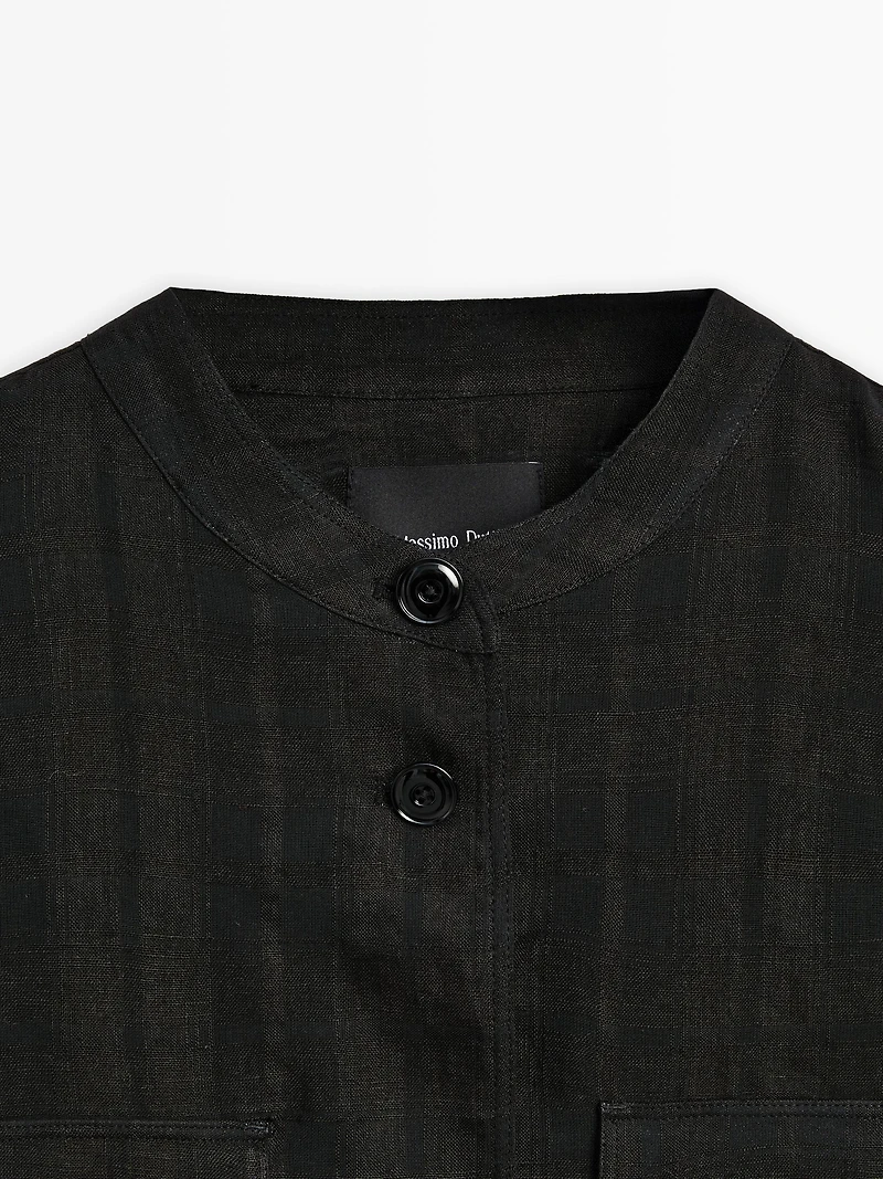 Linen blend check bomber jacket
