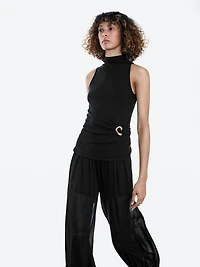 Funnel neck top with brooch detail