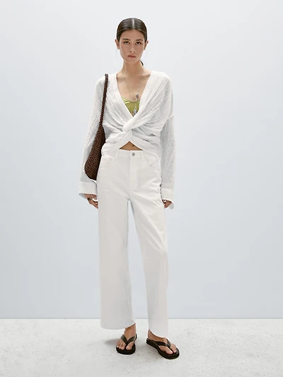 Pantalon straight cropped en coton mélangé
