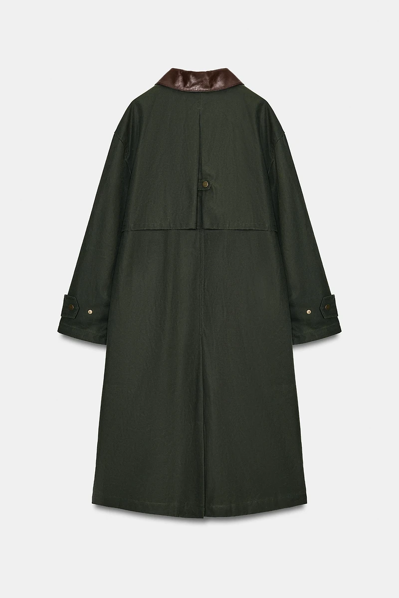 CONTRAST FAUX LEATHER COLLAR TRENCH COAT ZW COLLECTION