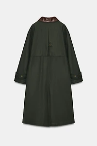 CONTRAST FAUX LEATHER COLLAR TRENCH COAT ZW COLLECTION