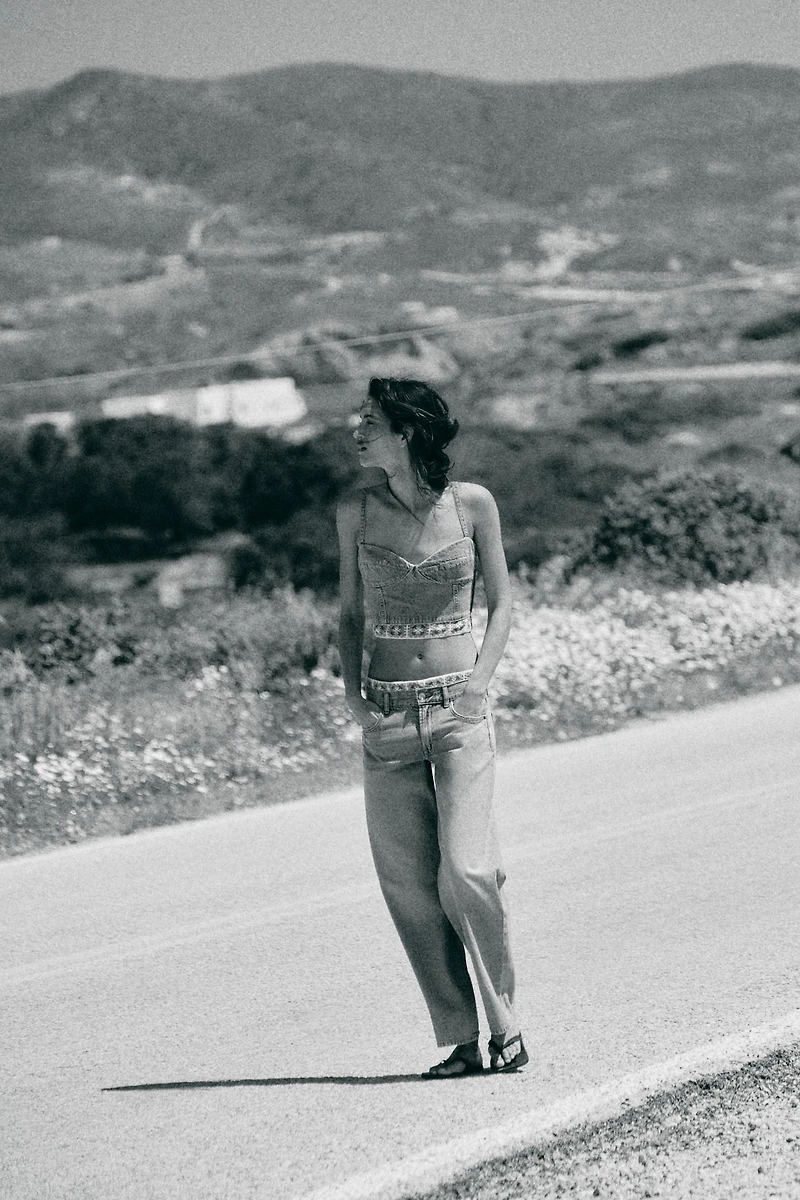 Z1975 COMBINATION CROCHET DENIM TOP
