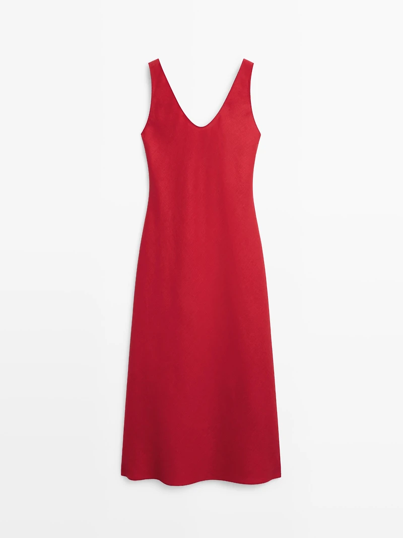 100% linen strappy midi dress