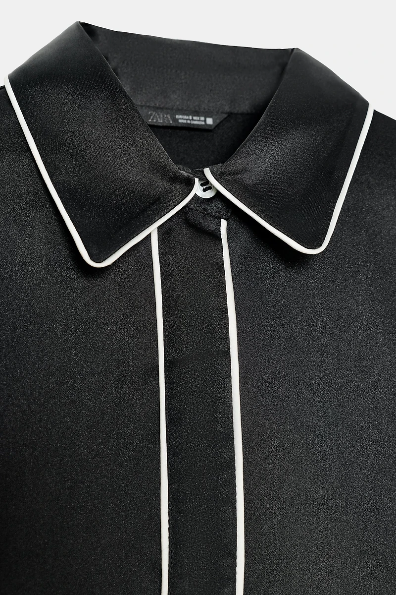 CONTRASTING PIPING OVERSIZED SATIN SHIRT