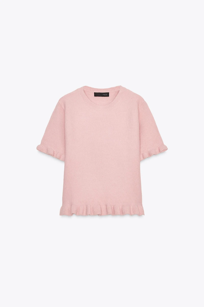 RUFFLED SHORT SLEEVE KNIT SWEATER