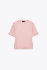 RUFFLED SHORT SLEEVE KNIT SWEATER