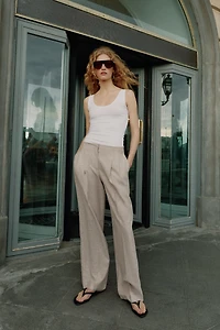 LINEN STRAIGHT FIT PLEATED PANTS