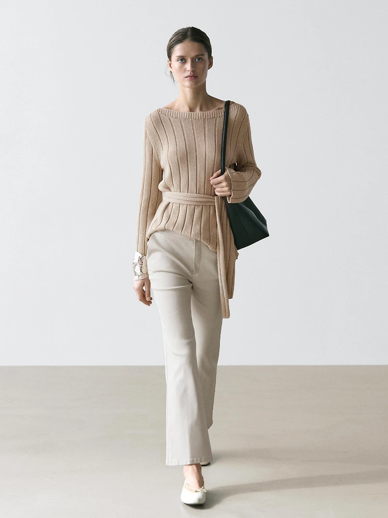 Pantalon flare taille moyenne enduit