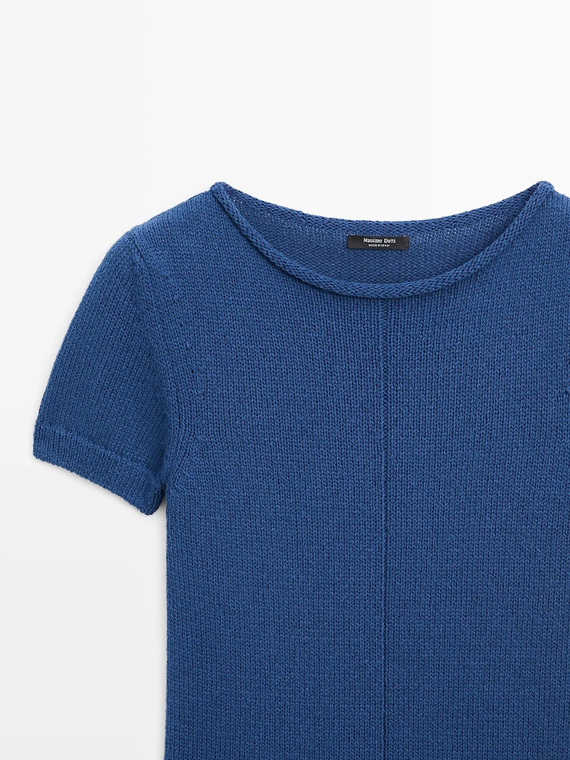 Short sleeve knit cotton blend sweater