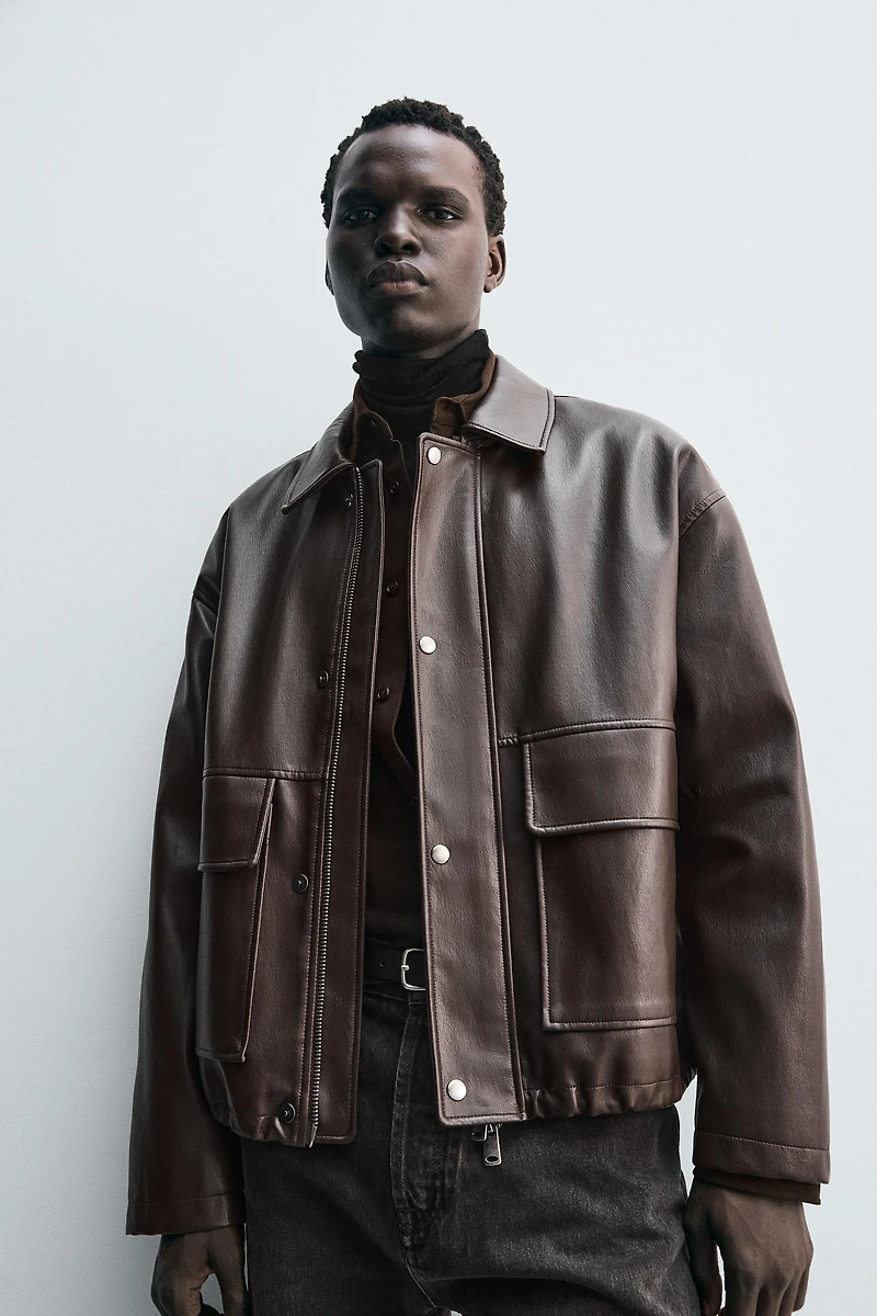 RELAXED FIT FAUX LEATHER JACKET