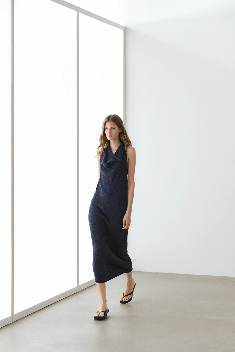 Knit midi dress with draped neckline