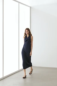 Knit midi dress with draped neckline
