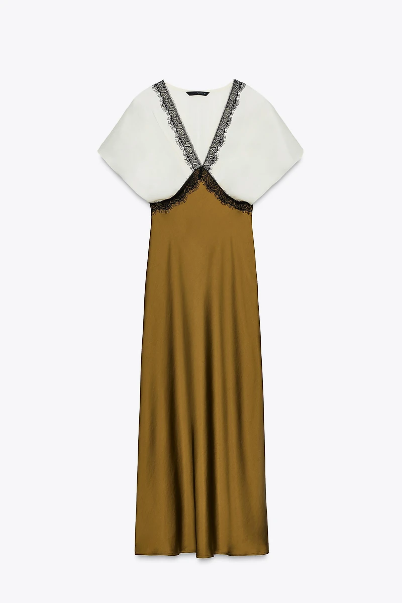 CONTRAST LACE SATIN EFFECT MIDI DRESS