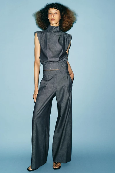 PANTALON LARGE TAILLE HAUTE AVEC LIN