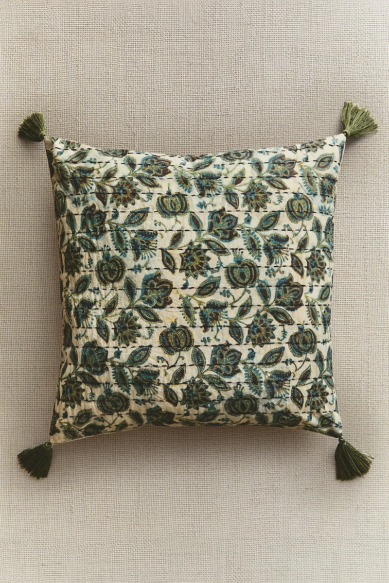 FLORAL THROW PILLOW COVER WITH POMPOMS
