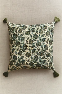 FLORAL THROW PILLOW COVER WITH POMPOMS