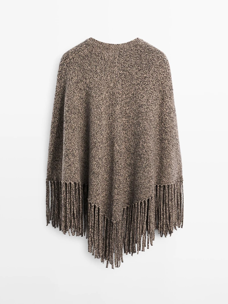 Wool blend mouliné knit cape with fringing
