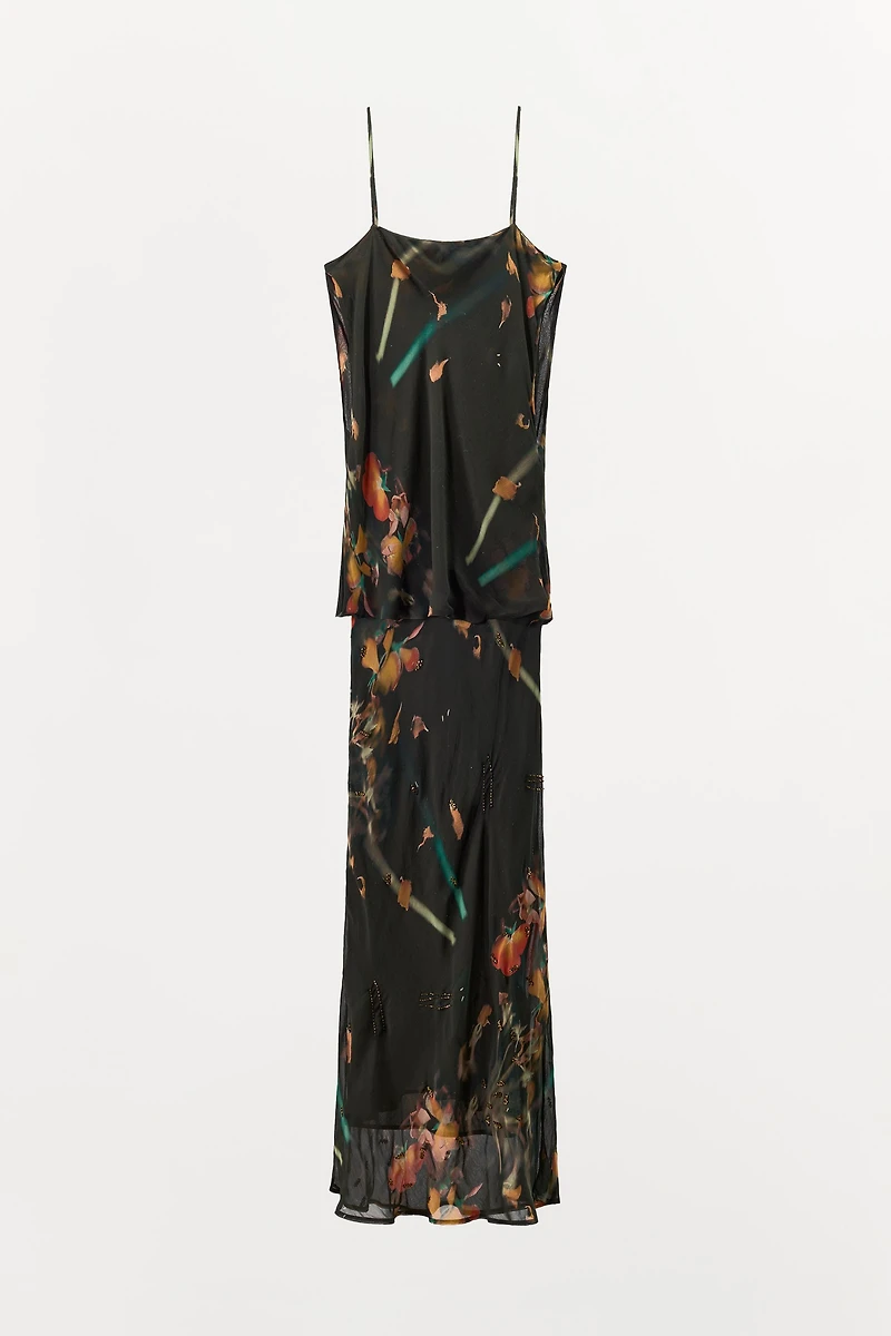 BEADED PRINTED CAPE DRESS