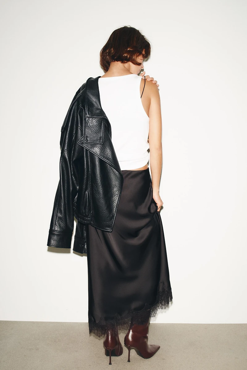 SATIN EFFECT LACE MIDI SKIRT