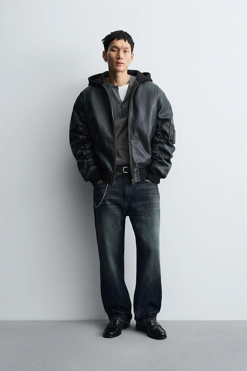 COMBINATION HOODIE FAUX LEATHER JACKET