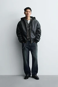 COMBINATION HOODIE FAUX LEATHER JACKET