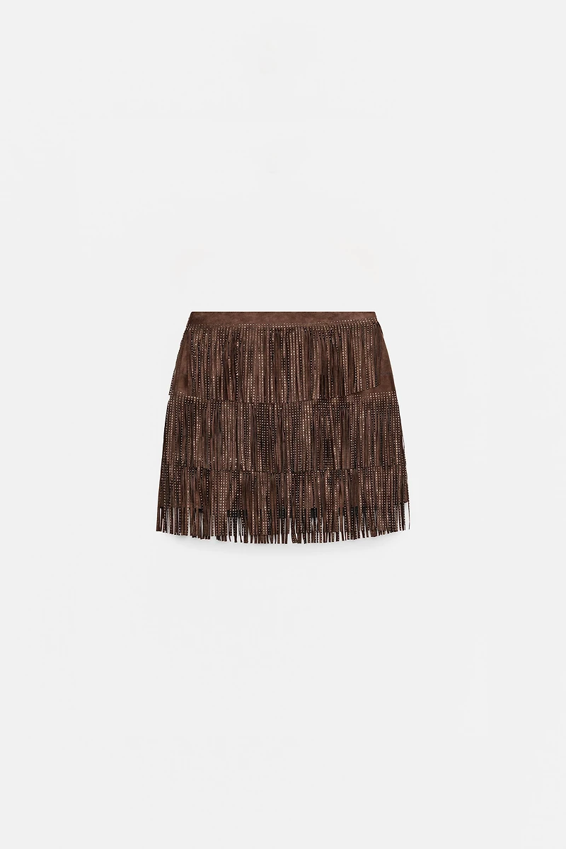 SHIMMERING FAUX SUEDE FRINGE SKIRT