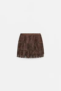 SHIMMERING FAUX SUEDE FRINGE SKIRT