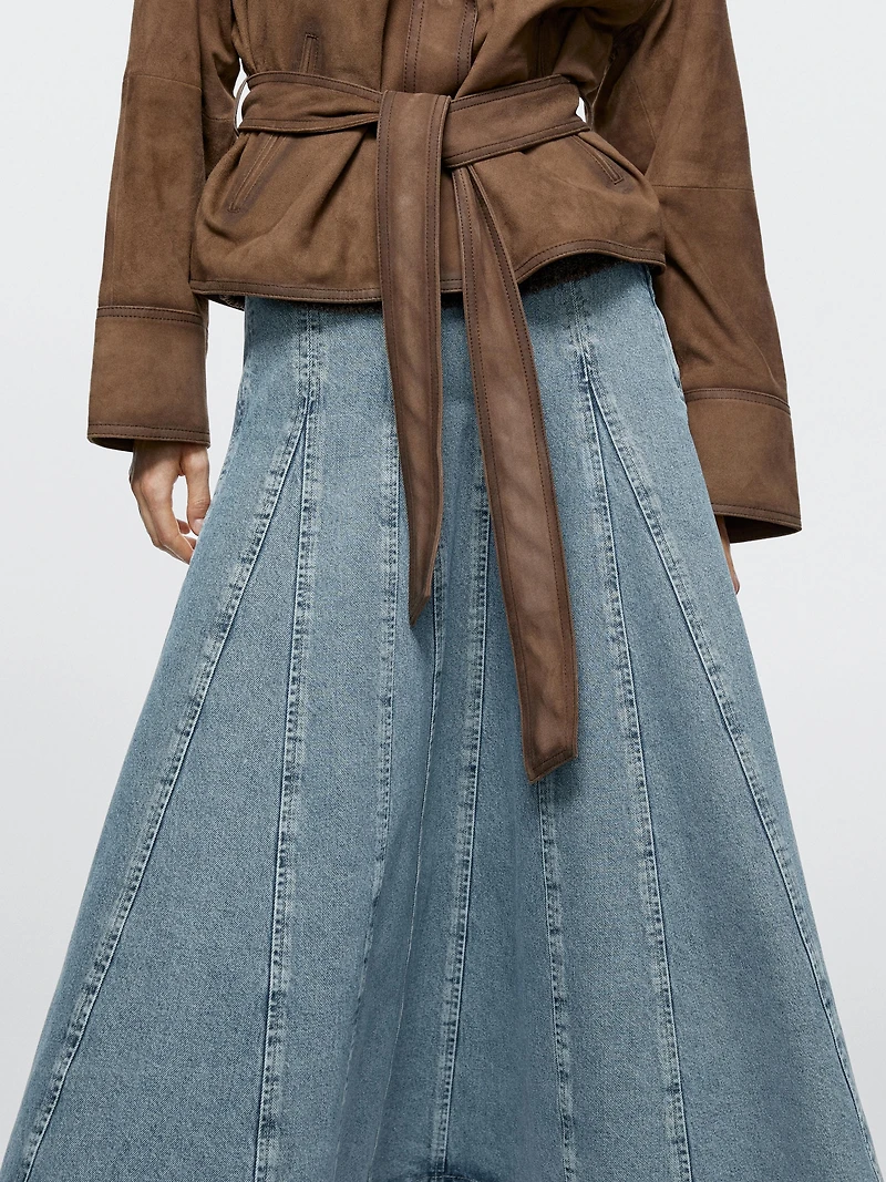 Denim godet midi skirt