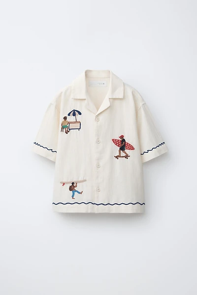 EMBROIDERED LINEN BLEND BOWLING SHIRT