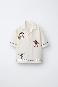 EMBROIDERED LINEN BLEND BOWLING SHIRT