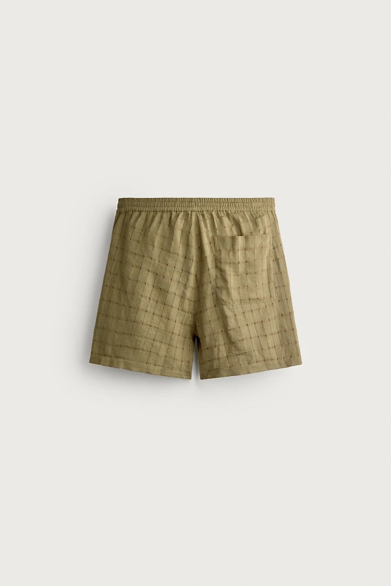LINEN COTTON BLEND CHECKERED JACQUARD SHORTS