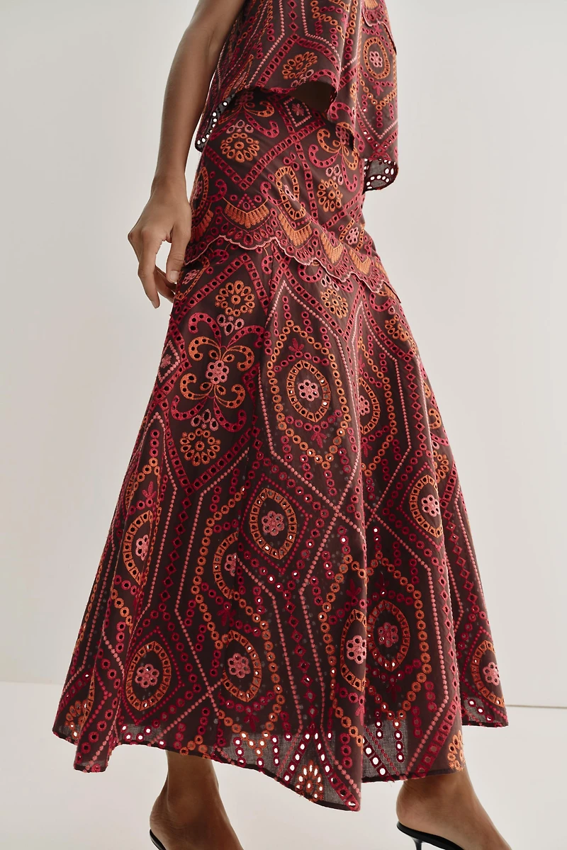 EMBROIDERED EYELET MIDI SKIRT