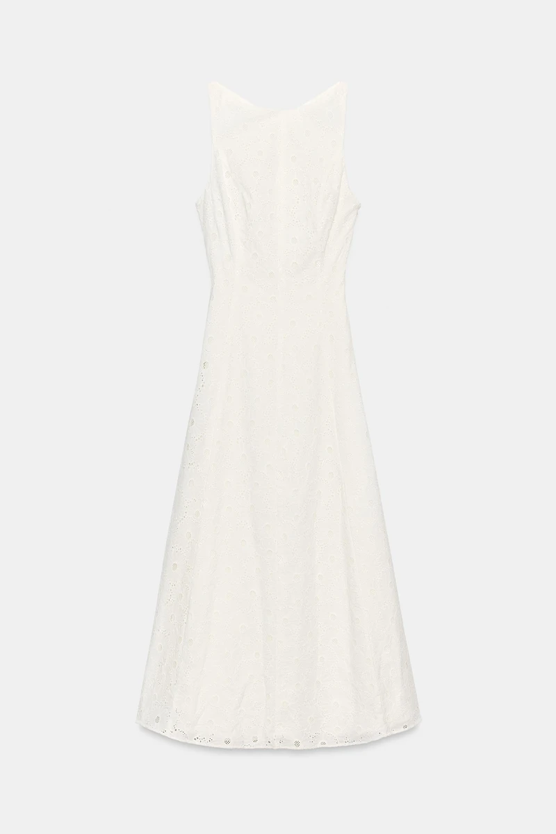 EMBROIDERED EYELET MIDI DRESS