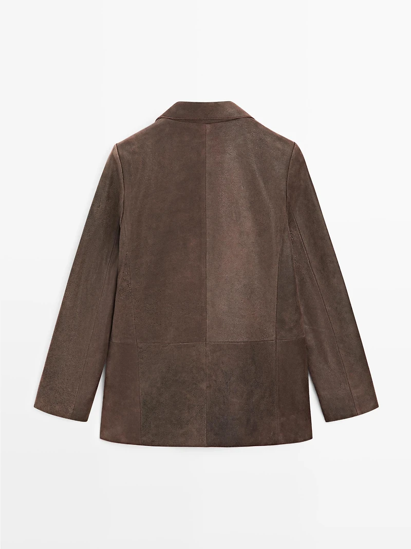 Suede leather blazer with lapel collar