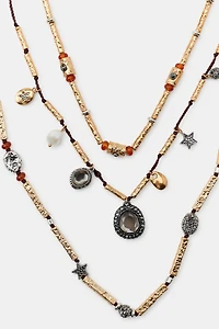 PACK OF 3 CORD NECKLACES WITH CHARMS AND JEWELS