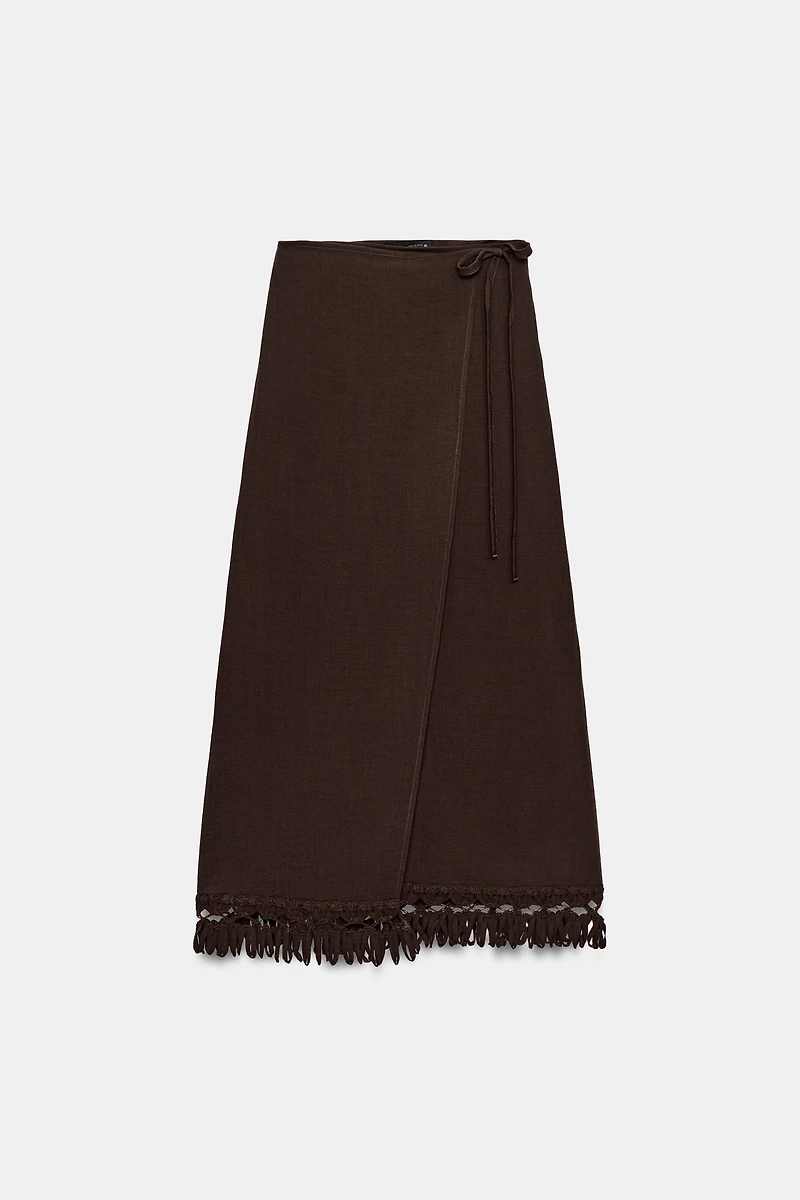 FRINGED WRAP MIDI SKIRT