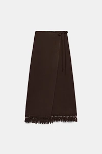 FRINGED WRAP MIDI SKIRT