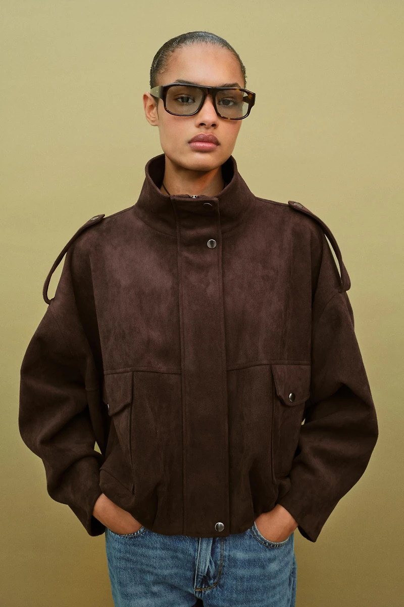 FAUX SUEDE JACKET WITH SHOULDER TABS