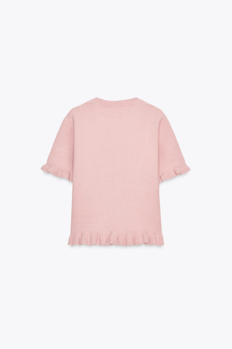 RUFFLED SHORT SLEEVE KNIT SWEATER