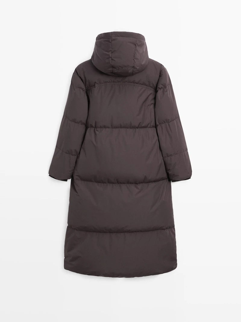 Long water-repellent hooded puffer jacket