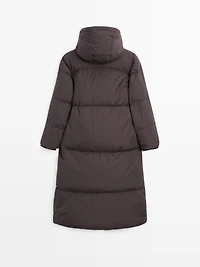 Long water-repellent hooded puffer jacket