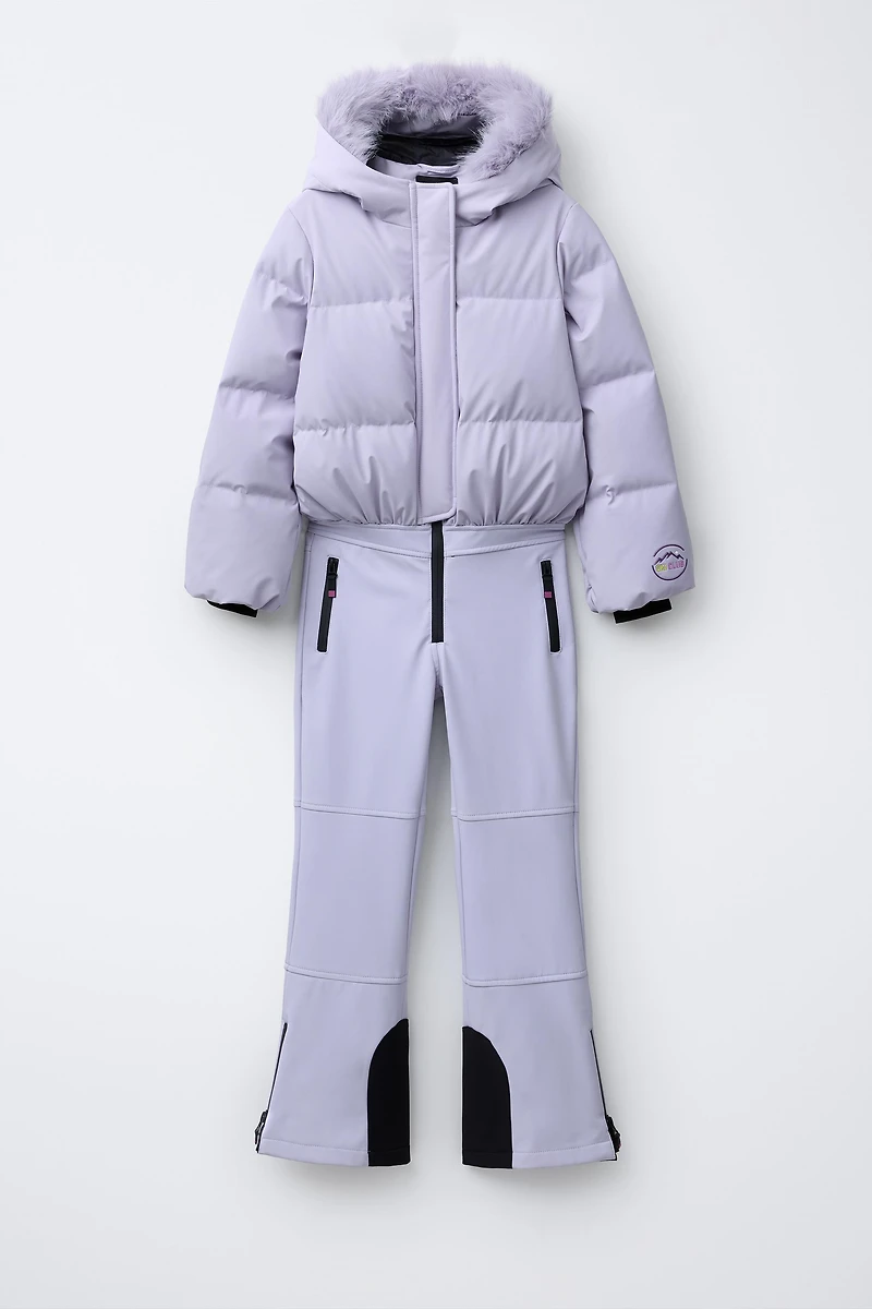 WINDPROOF AND WATER RESISTANT RECCO® SYSTEM SKI COLLECTION REMOVABLE HOODIE DOWN JUMPSUIT